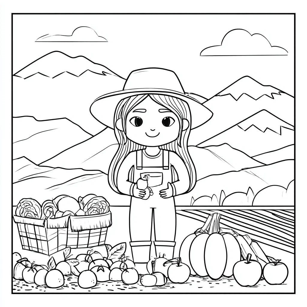 Dibujo de la agricultora y su huerto para colorear