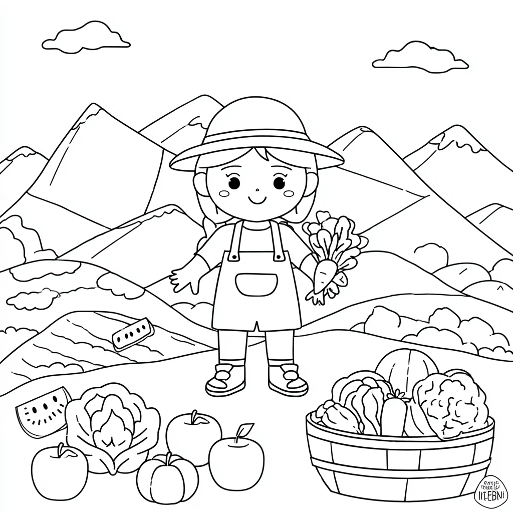 Dibujo de la pequeña granjera con verduras para colorear
