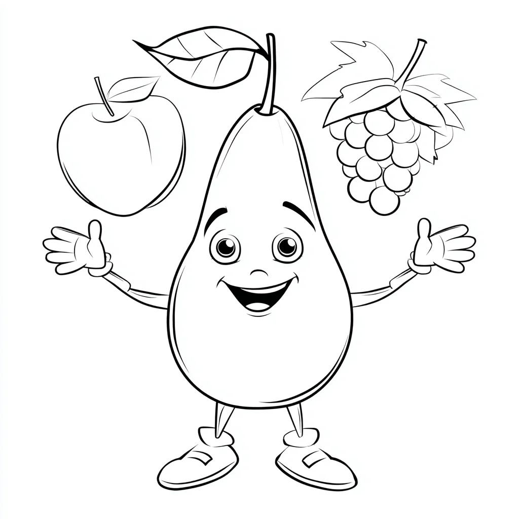 Dibujo de pera cartoon con manzana y uvas para colorear
