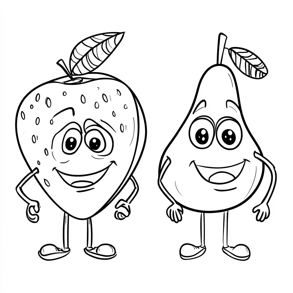 Dibujo de dos personajes animados de frutas para colorear
