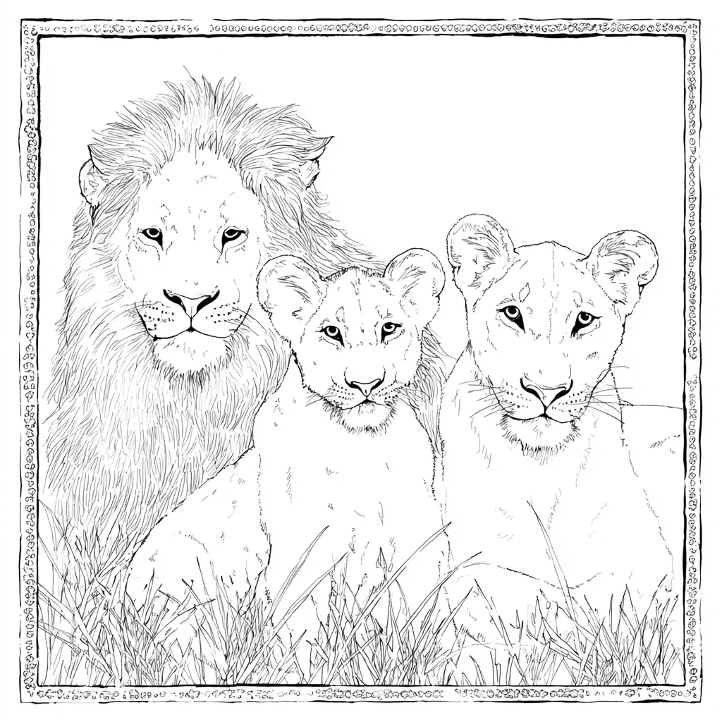 Dibujo de retrato de una familia de leones para colorear Dibujo de retrato de una familia de leones para colorear