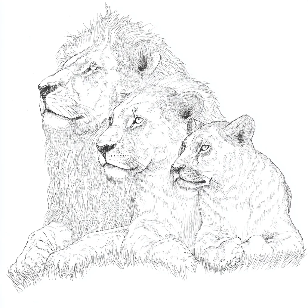 Dibujo de familia de leones de estilo realista para colorear Dibujo de familia de leones de estilo realista para colorear