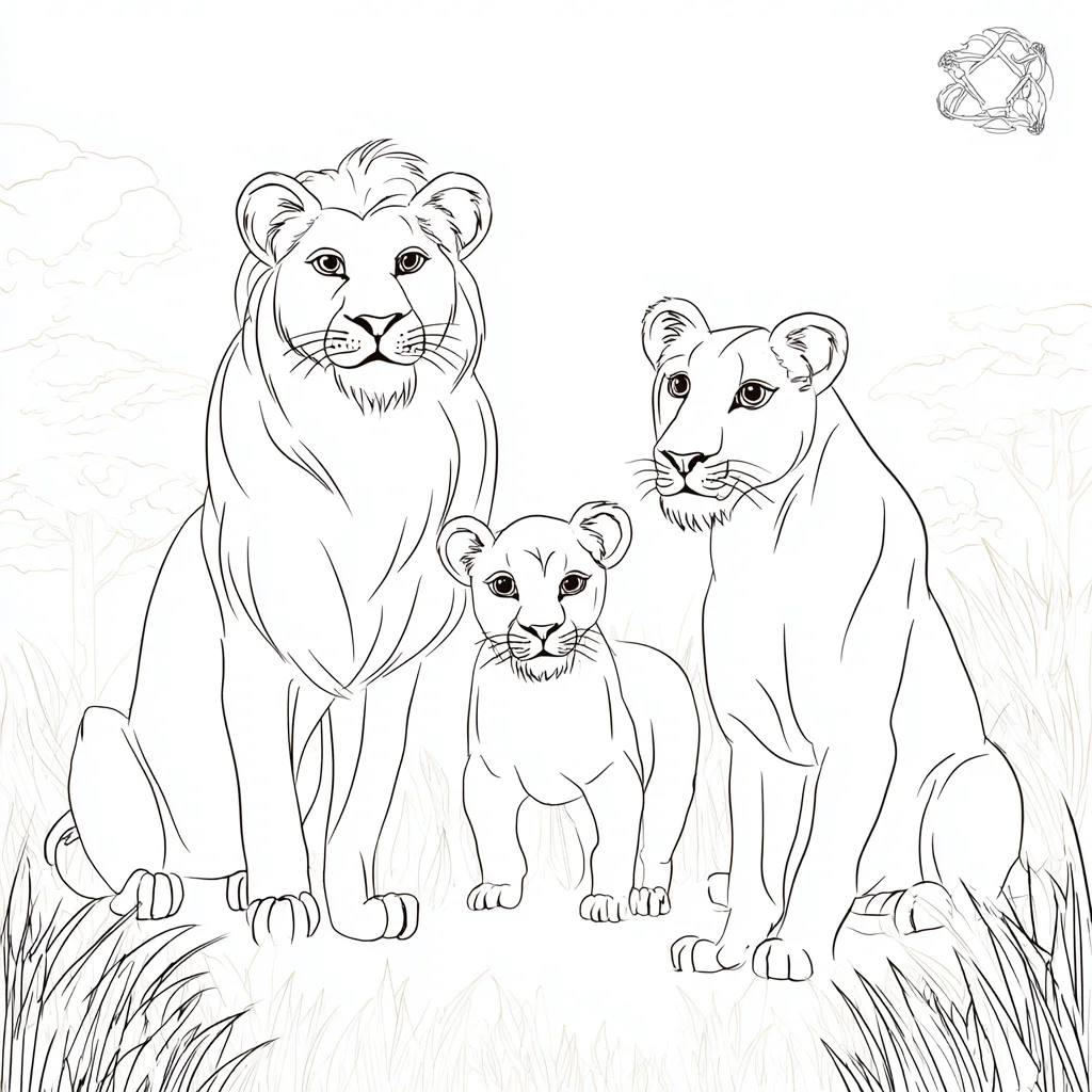Dibujo de familia de leones en la selva para colorear Dibujo de familia de leones en la selva para colorear