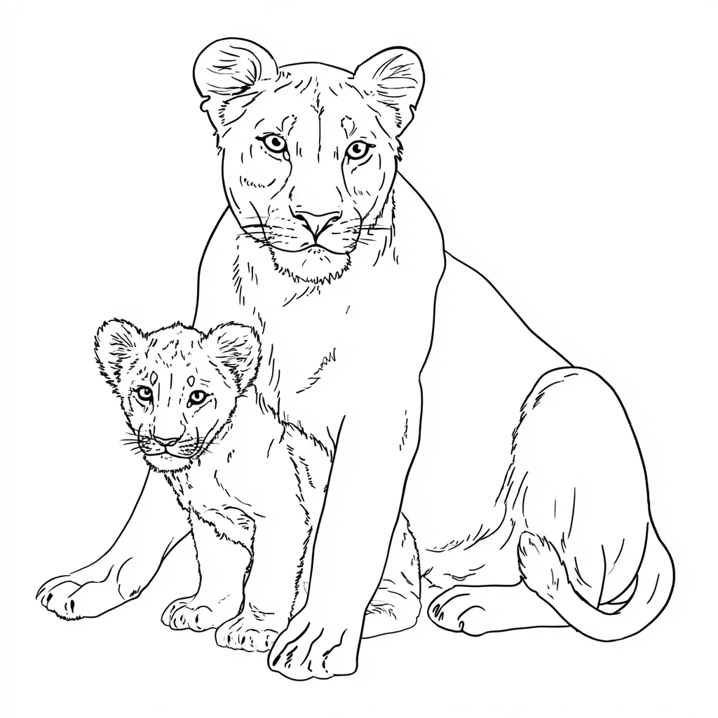 Dibujo de leona y leoncito realistas para colorear Dibujo de leona y leoncito realistas para colorear