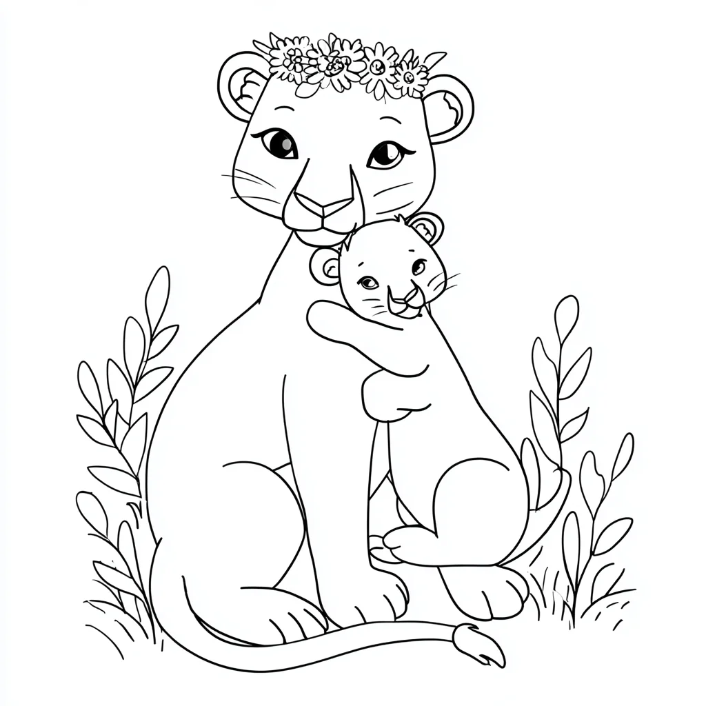 Dibujo de leona kawaii con flores y cachorro para colorear Dibujo de leona kawaii con flores y cachorro para colorear