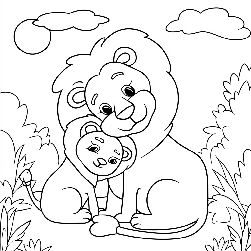 Dibujo de león kawaii con leoncito para colorear Dibujo de león kawaii con leoncito para colorear