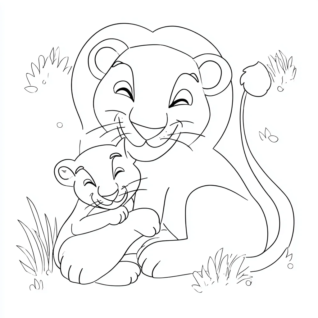 Dibujo de trazo fino de león y leoncito para colorear Dibujo de trazo fino de león y leoncito para colorear
