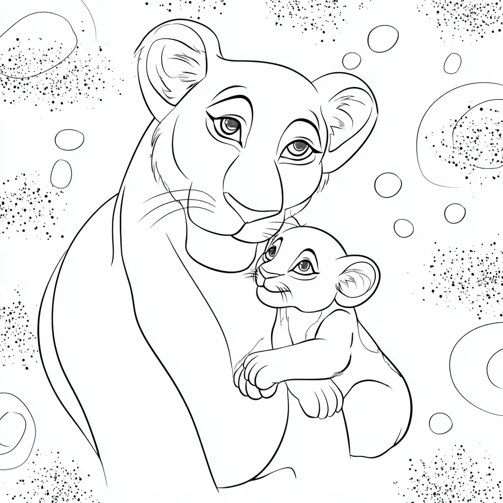 Dibujo de leona y leoncita con fondo artístico para colorear Dibujo de leona y leoncita con fondo artístico para colorear