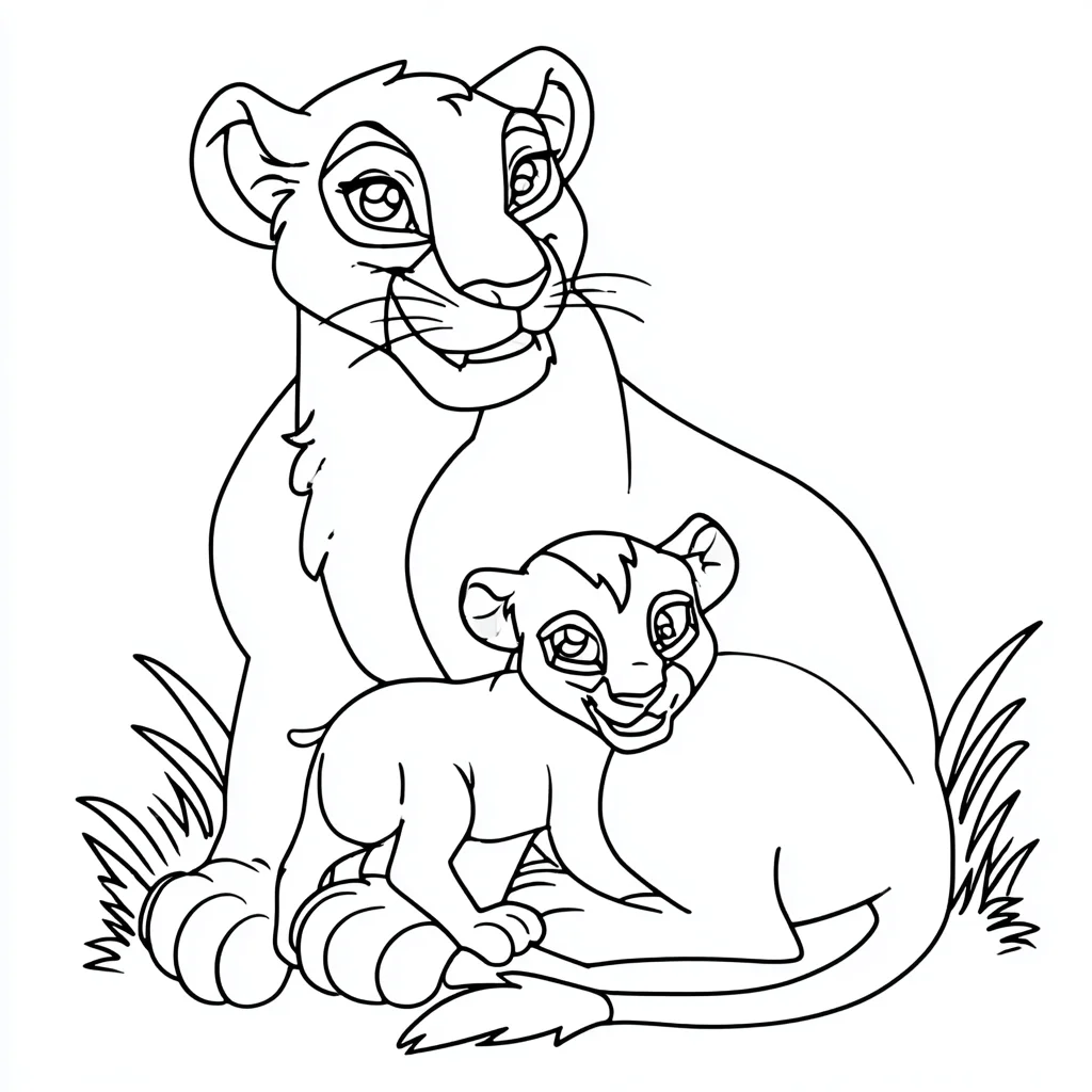 Dibujo de leona sentada con leoncito para colorear Dibujo de leona sentada con leoncito para colorear
