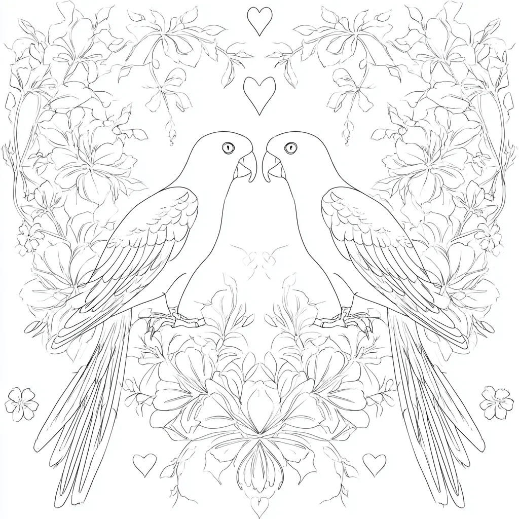 Dibujo de corazón floral con pareja de loros para colorear