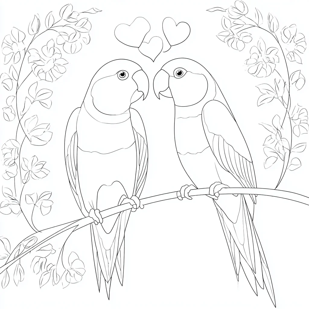 Dibujo de pareja de loros con corazones para colorear