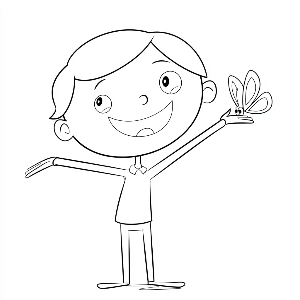 Dibujo de niño feliz con mariposa para colorear Dibujo de niño feliz con mariposa para colorear
