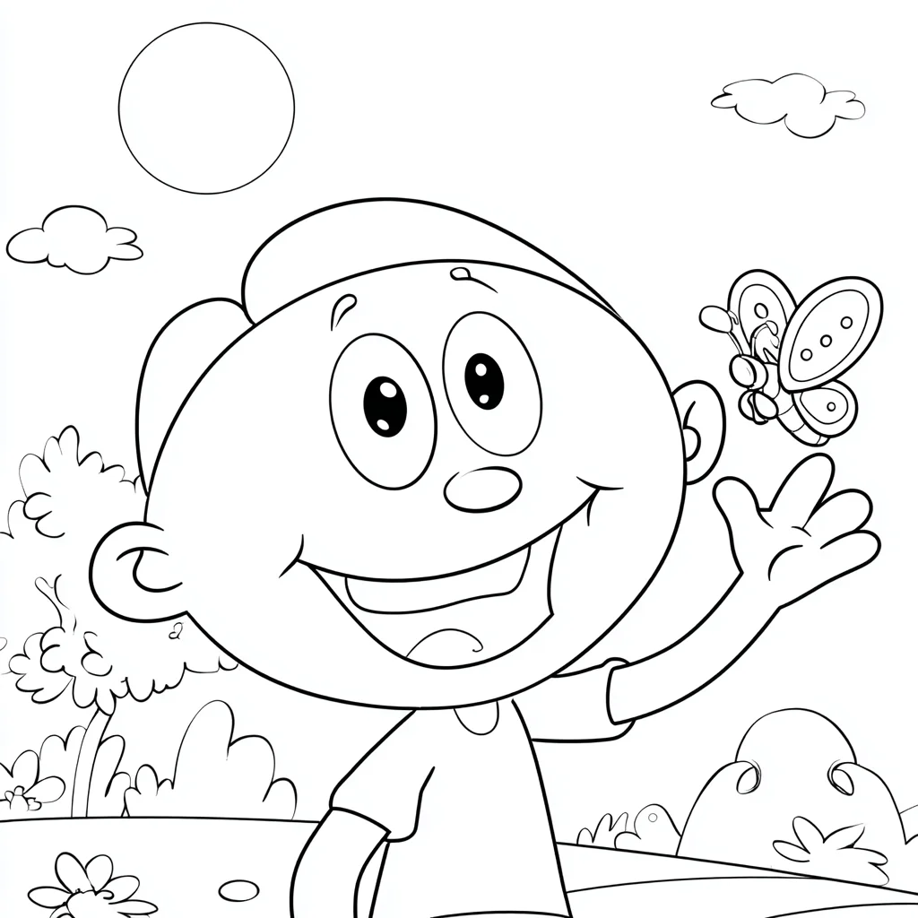 Dibujo de niño feliz en el campo con mariposa para colorear Dibujo de niño feliz en el campo con mariposa para colorear