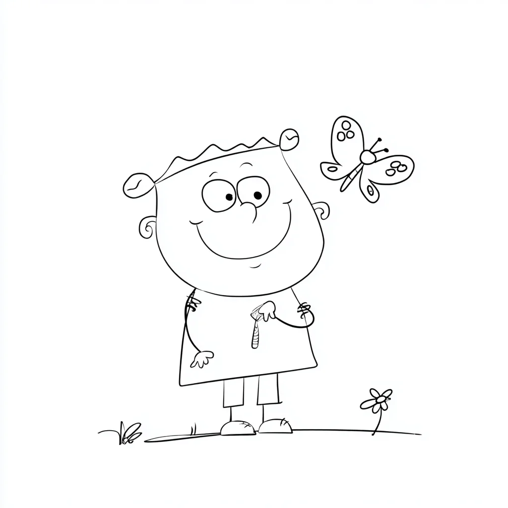 Dibujo de niño sonriente con mariposa para colorear Dibujo de niño sonriente con mariposa para colorear