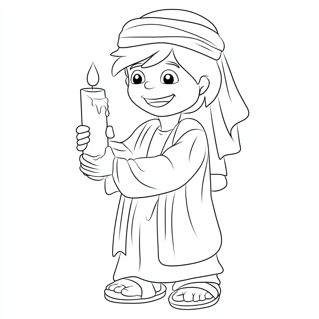 Dibujo de niño hebreo feliz con una vela para colorear Dibujo de niño hebreo feliz con una vela para colorear