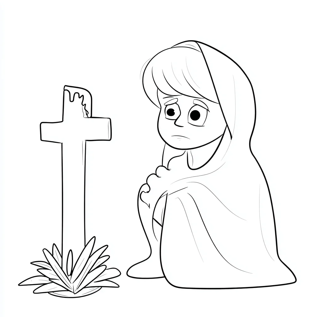 Dibujo de María triste con manto y cruz para colorear Dibujo de María triste con manto y cruz para colorear