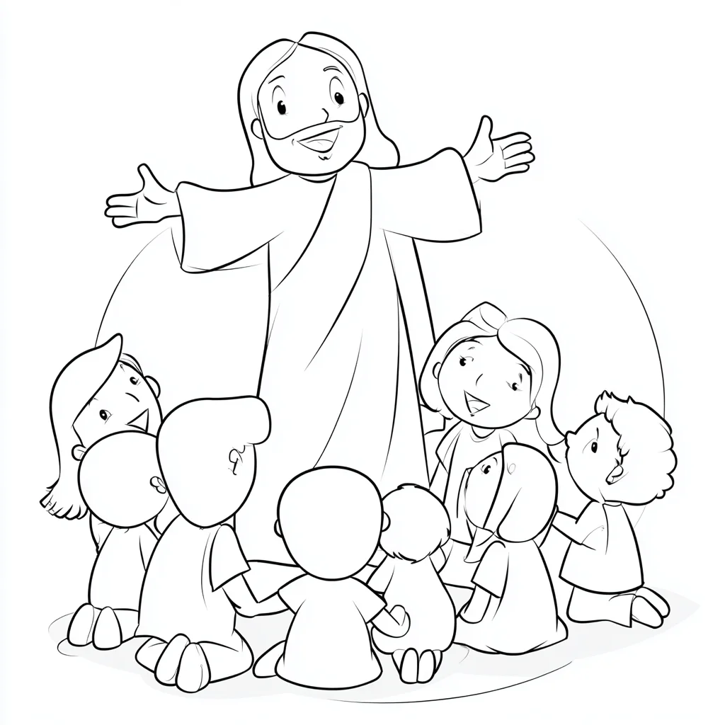 Dibujo de Jesús feliz con un grupo de niños para colorear Dibujo de Jesús feliz con un grupo de niños para colorear