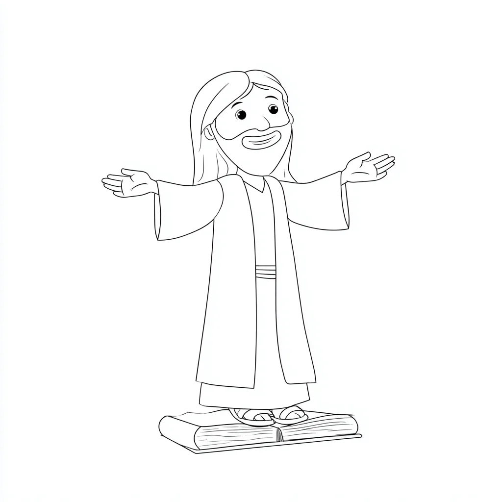 Dibujo de Jesús con los brazos abiertos sobre un libro para colorear Dibujo de Jesús con los brazos abiertos sobre un libro para colorear