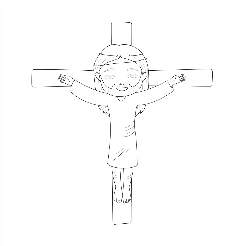 Dibujo de Jesús en la cruz con diseño infantil para colorear Dibujo de Jesús en la cruz con diseño infantil para colorear