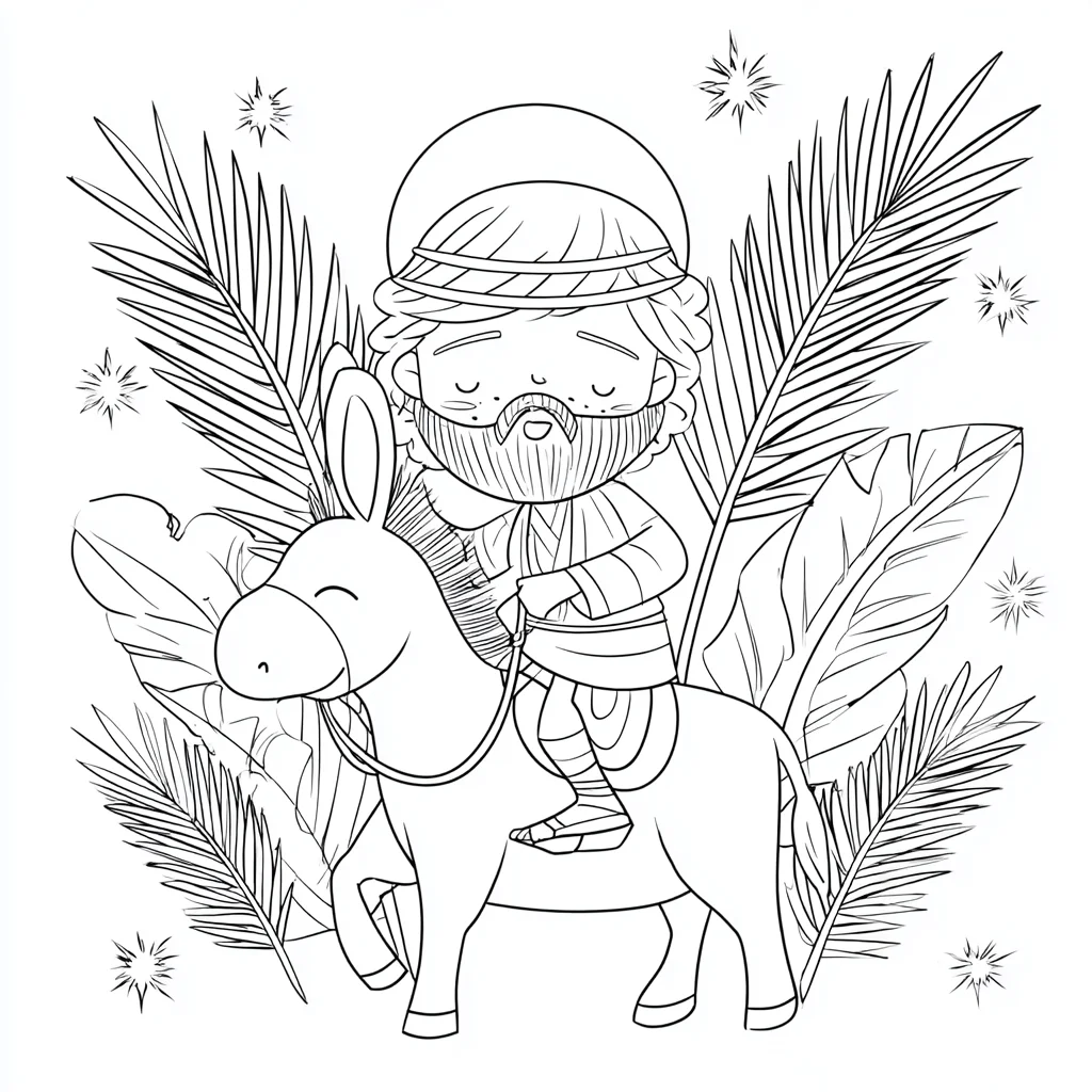 Dibujo de Jesús en burro de estilo infantil para colorear Dibujo de Jesús en burro de estilo infantil para colorear