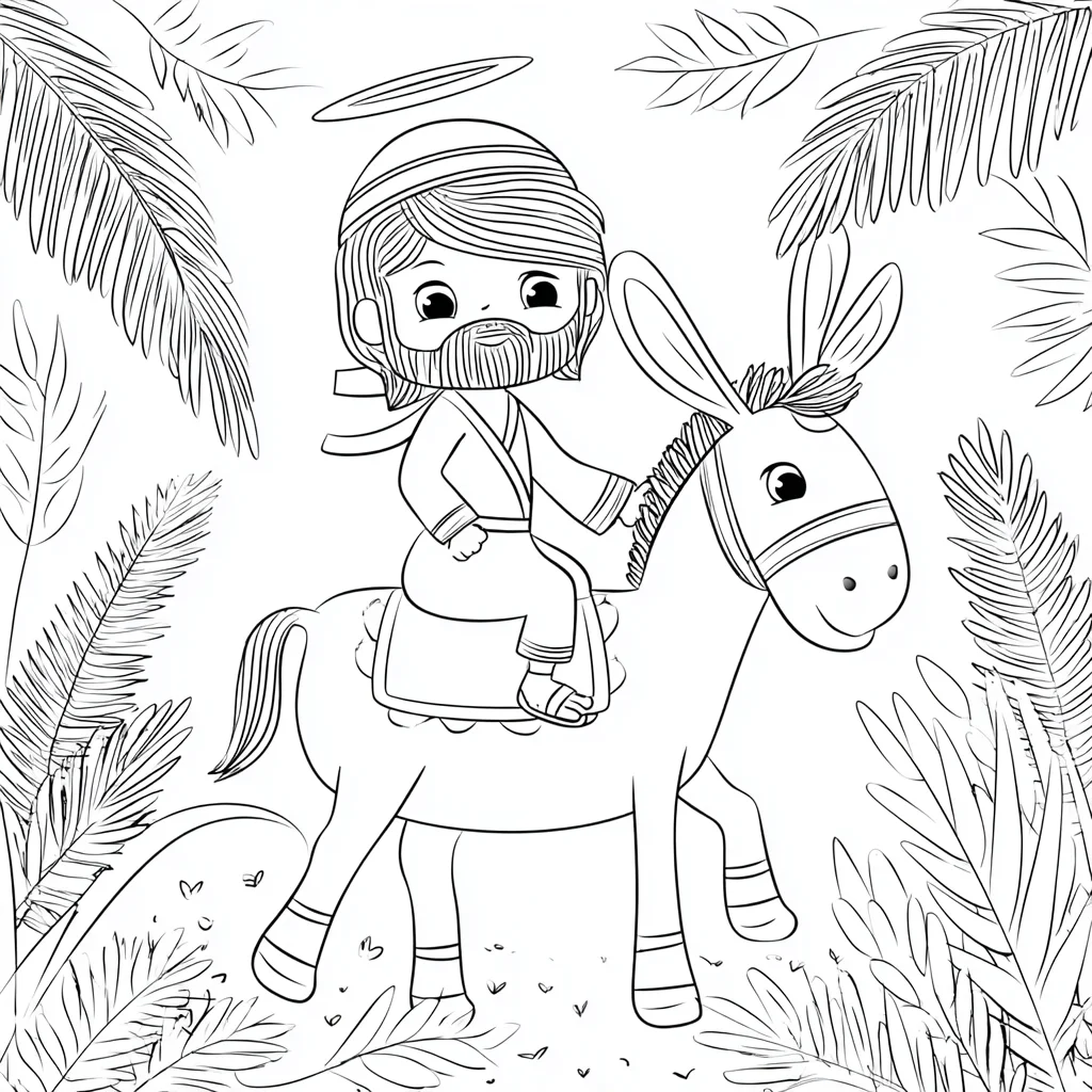 Dibujo de Jesús en burro de estilo kawaii para colorear Dibujo de Jesús en burro de estilo kawaii para colorear