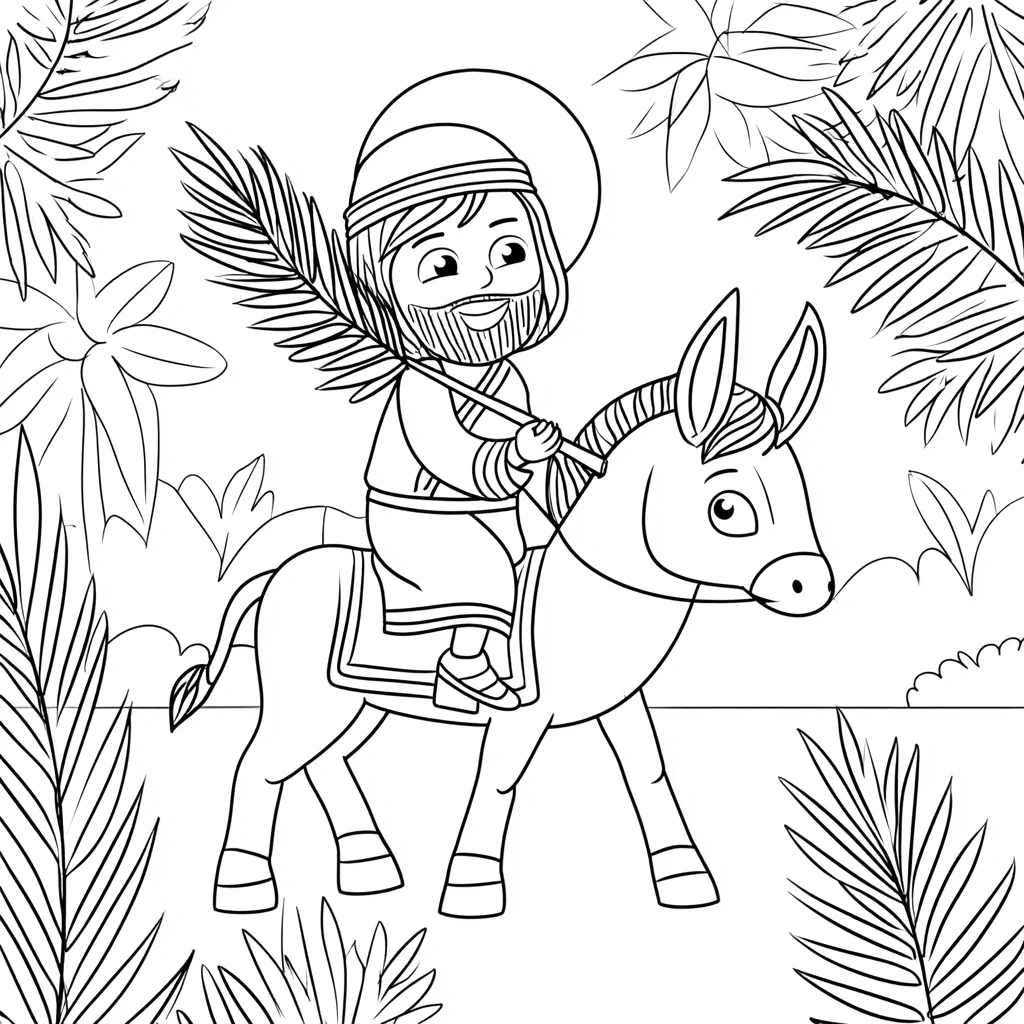 Dibujo de Jesús en su burro con hoja de palma para colorear Dibujo de Jesús en su burro con hoja de palma para colorear