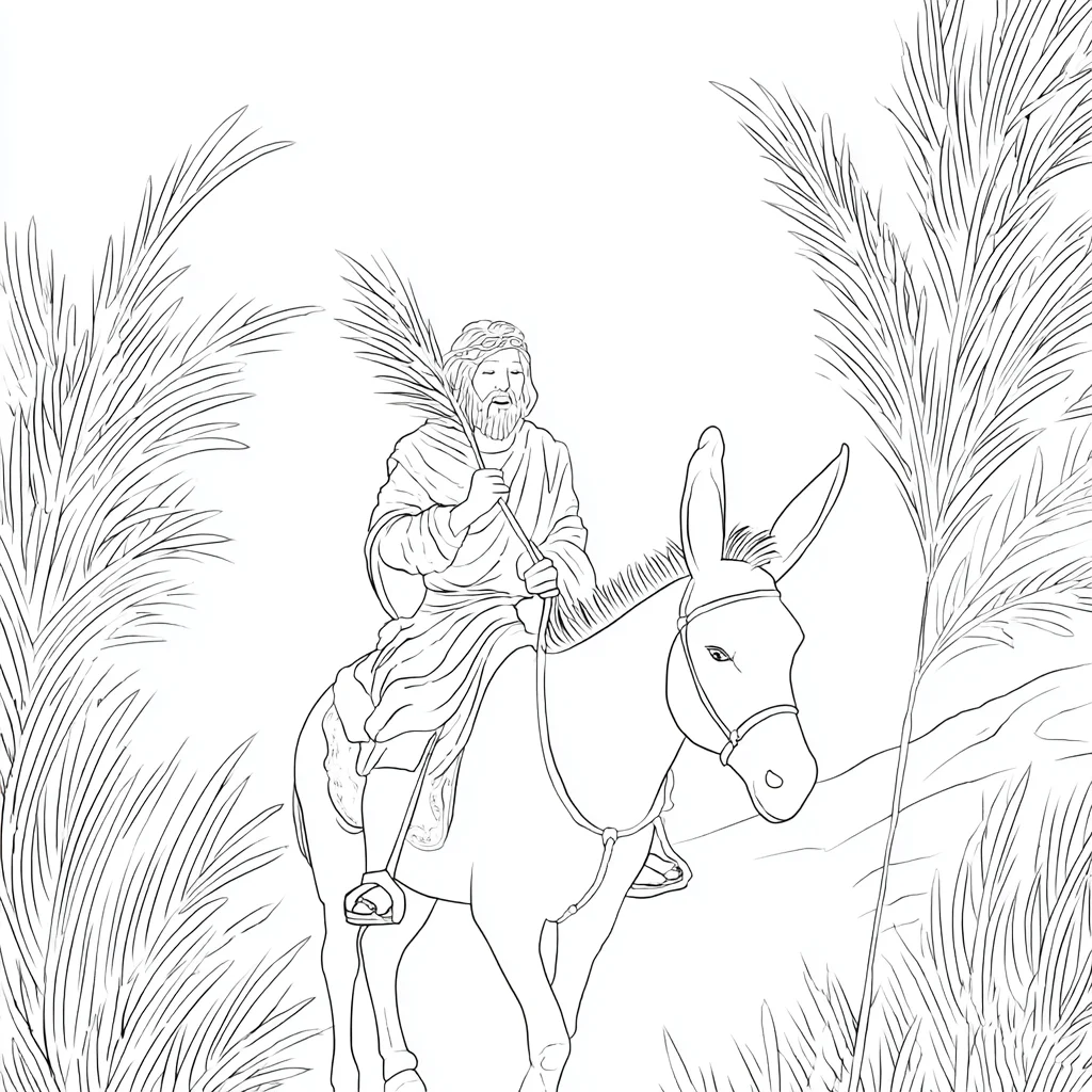Dibujo de Jesús en Jerusalén con hojas de palma para colorear Dibujo de Jesús en Jerusalén con hojas de palma para colorear