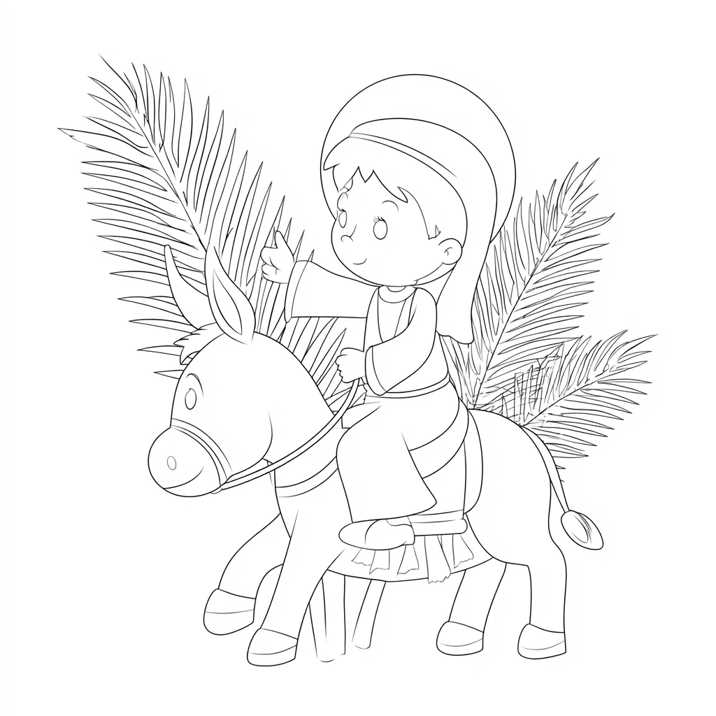 Dibujo de Jesús en burro y hojas de palma para colorear Dibujo de Jesús en burro y hojas de palma para colorear