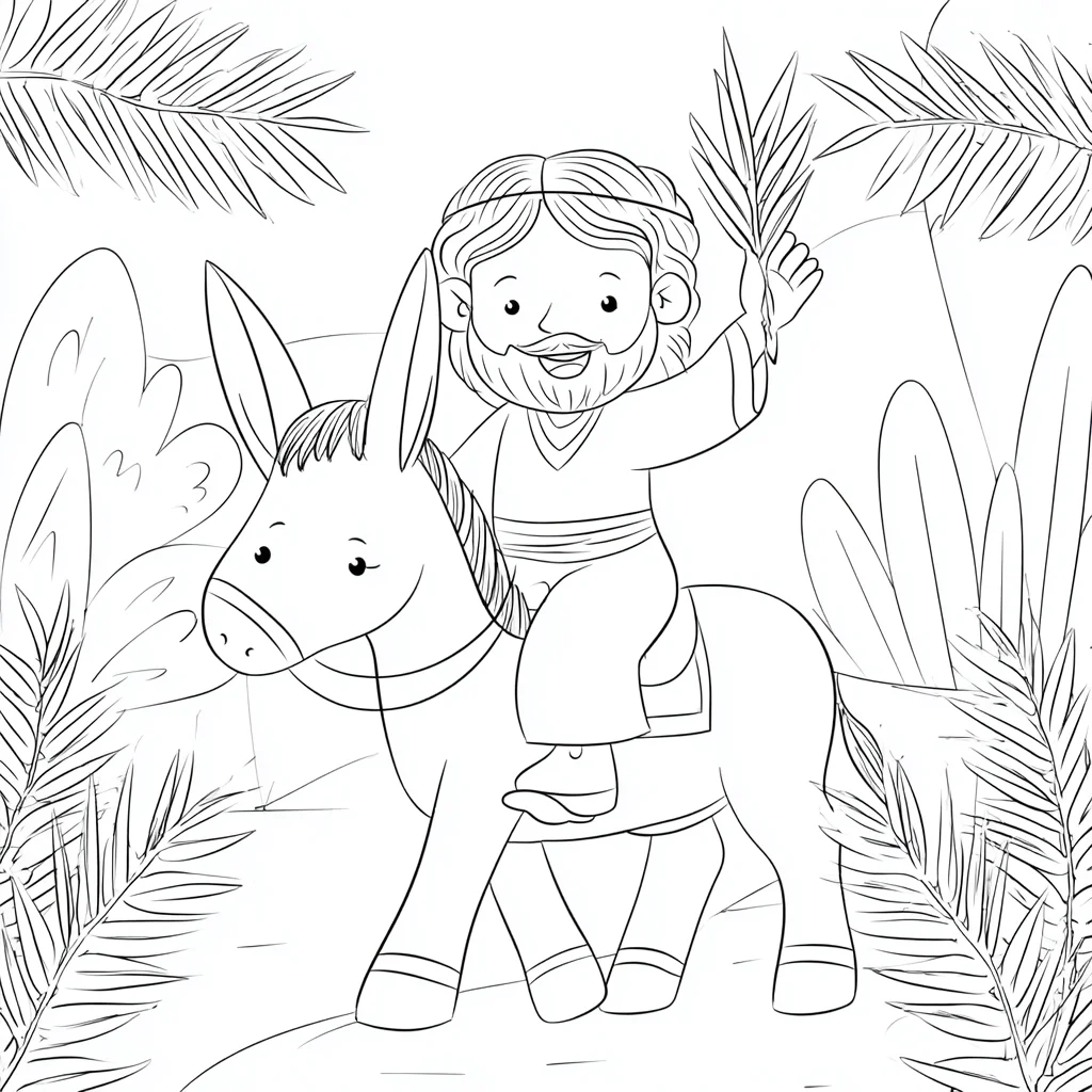 Dibujo de Jesús montando en burro en Jerusalén para colorear Dibujo de Jesús montando en burro en Jerusalén para colorear