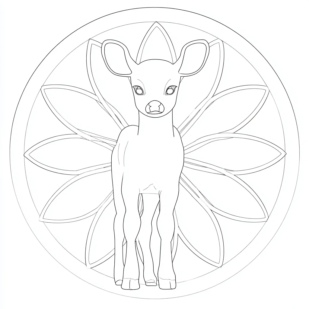 Dibujo de mandala de pequeño ciervo circular con pétalos para colorear
