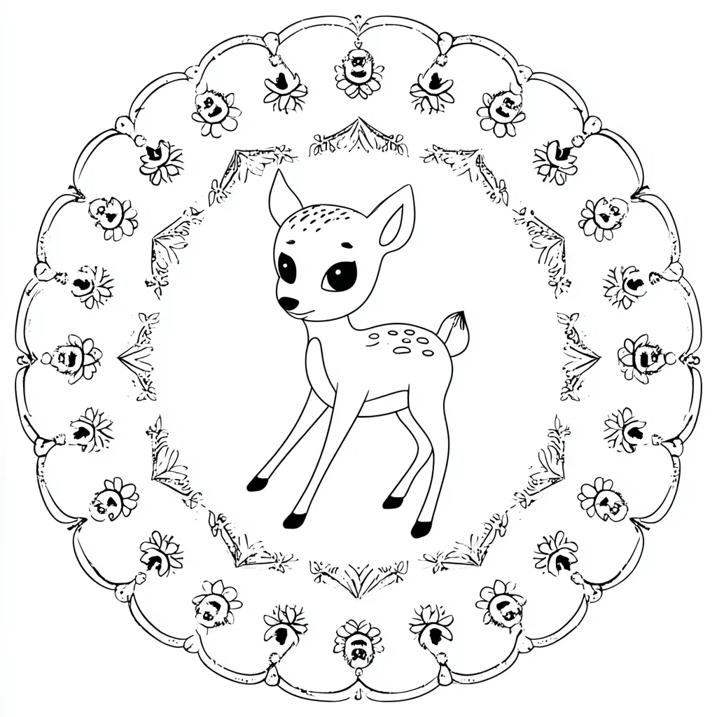 Dibujo de mandala de ciervo infantil con orla decorativa para colorear