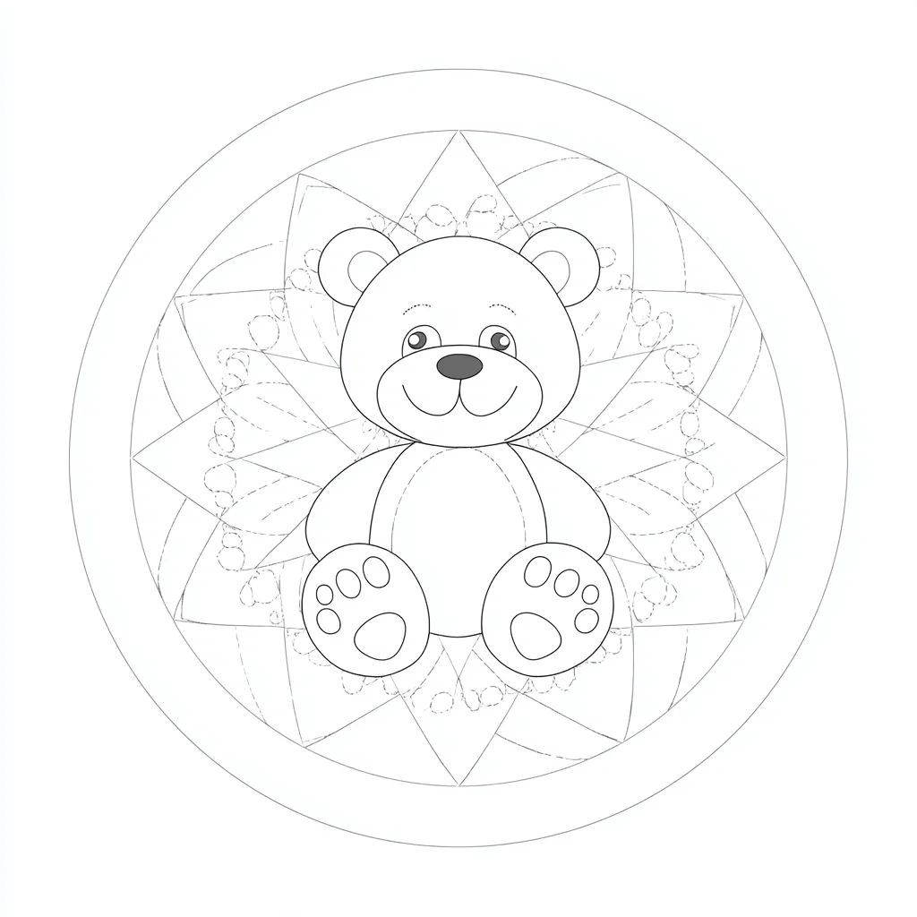 Dibujo de mandala de oso en círculos y estrellas para colorear