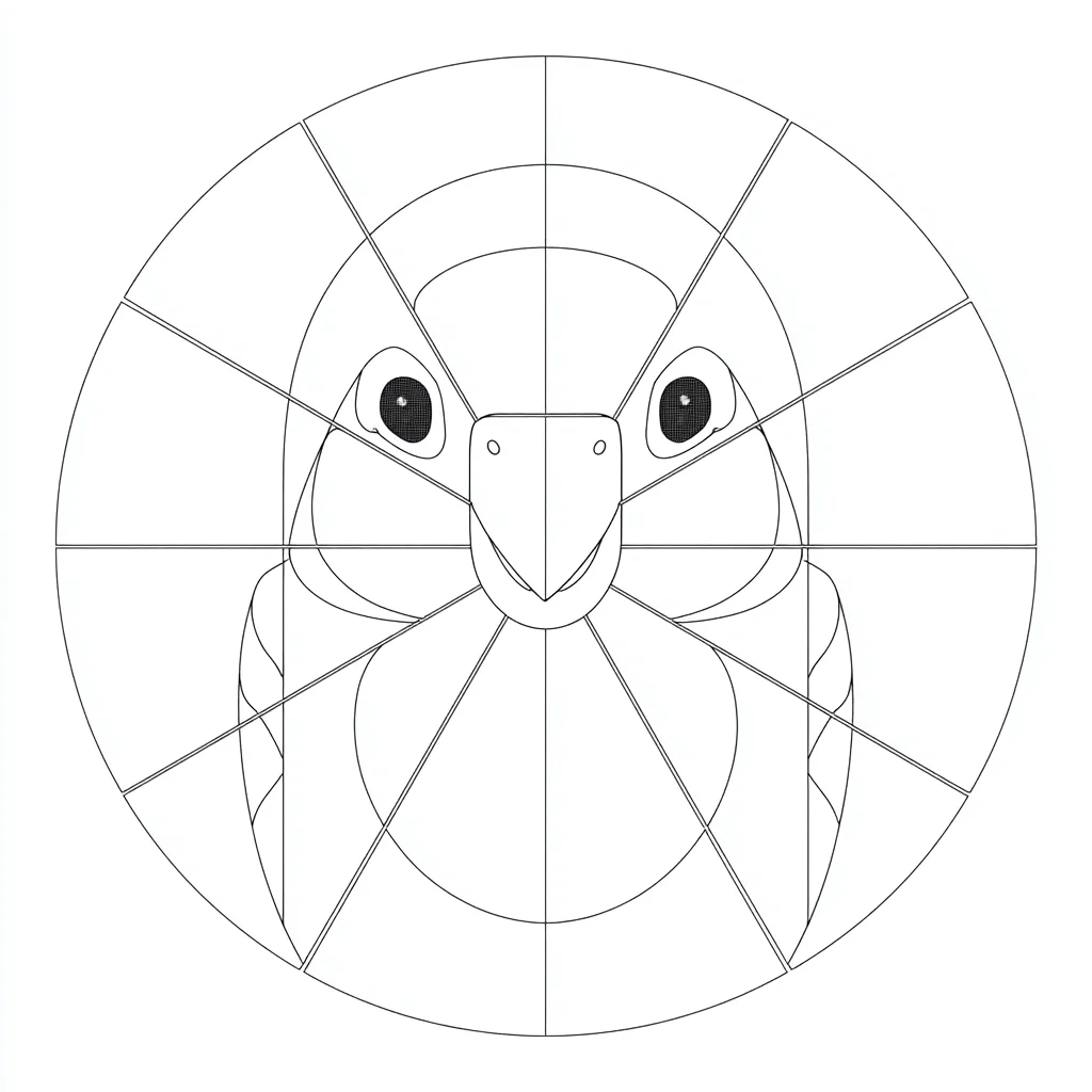 Dibujo de mandala radial de loro chibi para colorear