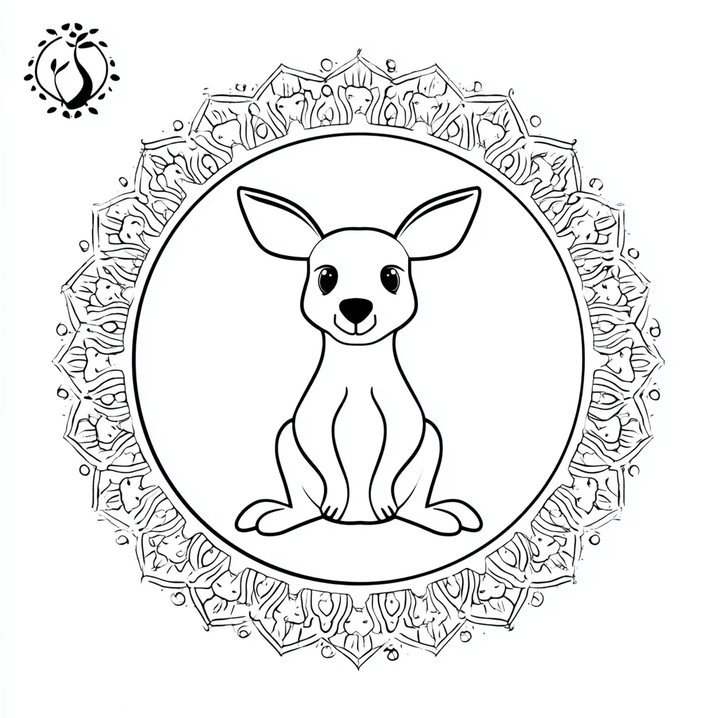 Dibujo de mandala de canguro sentado con orla decorativa para colorear