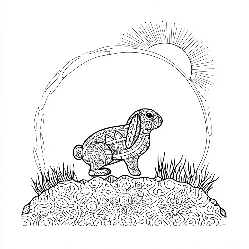Dibujo de mandala de conejo zentangle al sol para colorear
