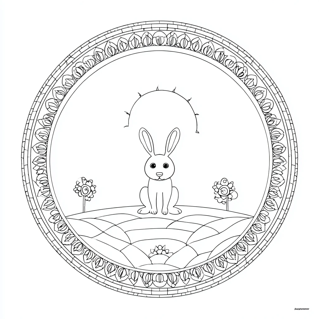 Dibujo de mandala de conejo en paisaje decorativo para colorear