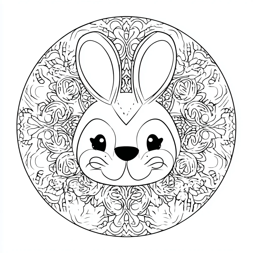 Dibujo de mandala de cabeza de conejo chibi en círculo decorativo para colorear