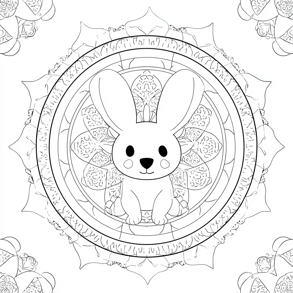 Dibujo de mandala circular de conejo kawaii decorativo para colorear