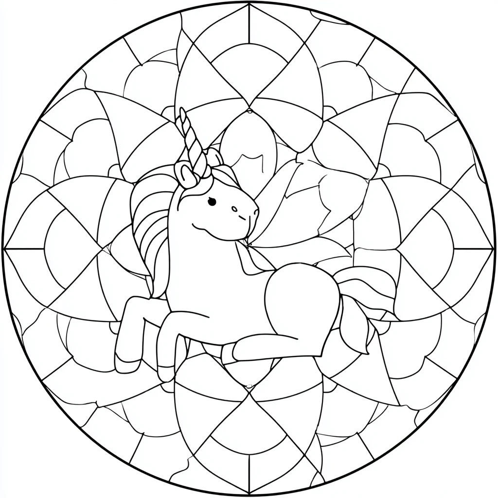 Dibujo de mandala de unicornio en vidriera circular para colorear Dibujo de mandala de unicornio en vidriera circular para colorear