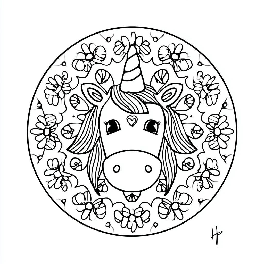 Dibujo de mandala de unicornio tierno kawaii con flores para colorear Dibujo de mandala de unicornio tierno kawaii con flores para colorear