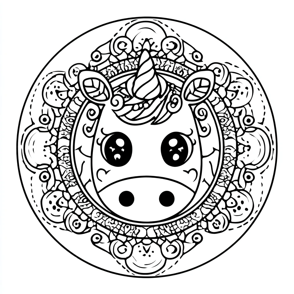 Dibujo de mandala de unicornio chibi con marco doddle para colorear Dibujo de mandala de unicornio chibi con marco doddle para colorear