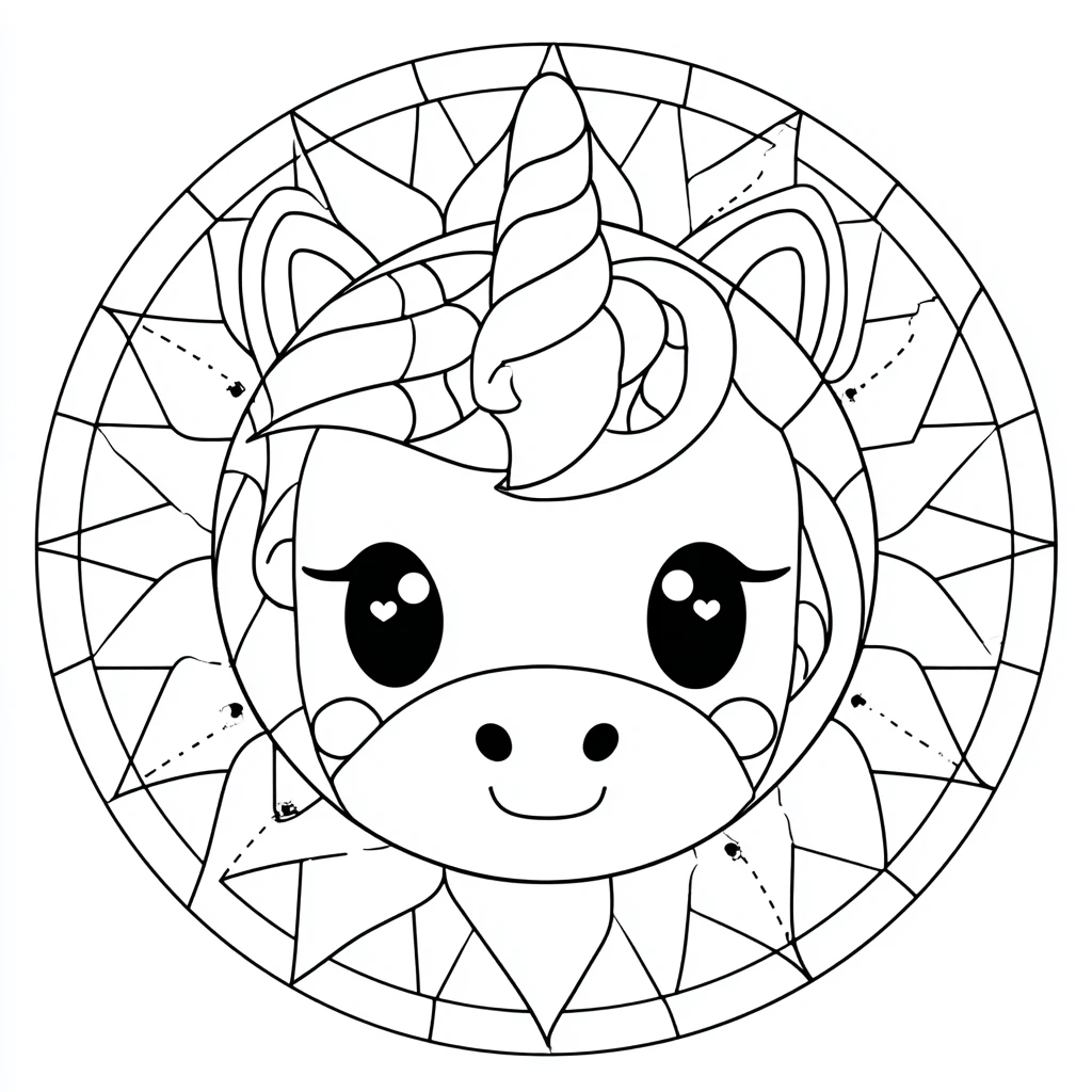 Dibujo de mandala vitral geométrico con unicornio kawaii sonriente para colorear Dibujo de mandala vitral geométrico con unicornio kawaii sonriente para colorear