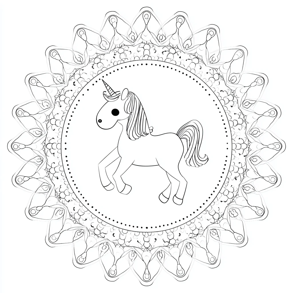 Dibujo de mandala de medallón con unicornio completo en movimiento para colorear Dibujo de mandala de medallón con unicornio completo en movimiento para colorear
