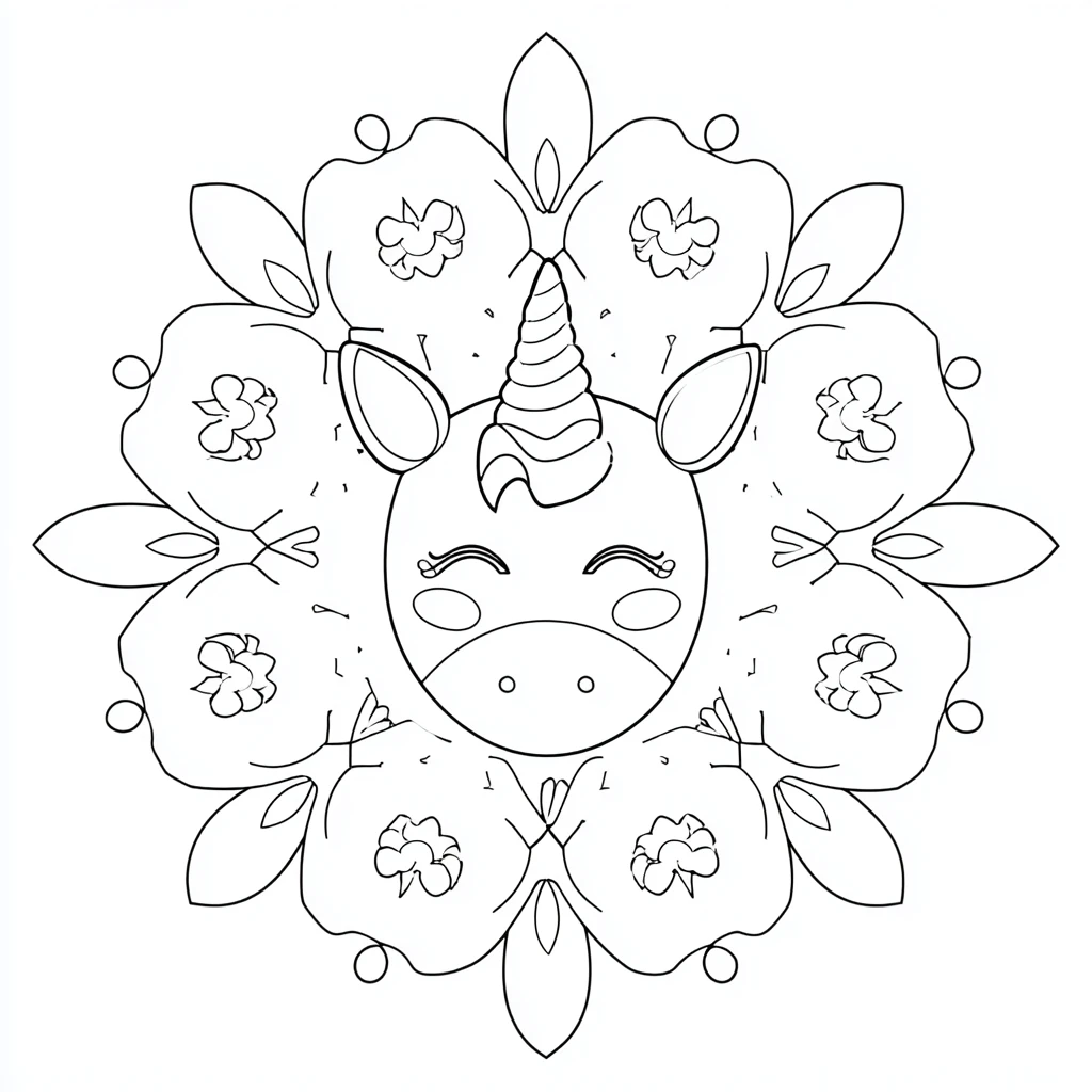 Dibujo de mandala floral botánico con unicornio kawaii sereno para colorear Dibujo de mandala floral botánico con unicornio kawaii sereno para colorear