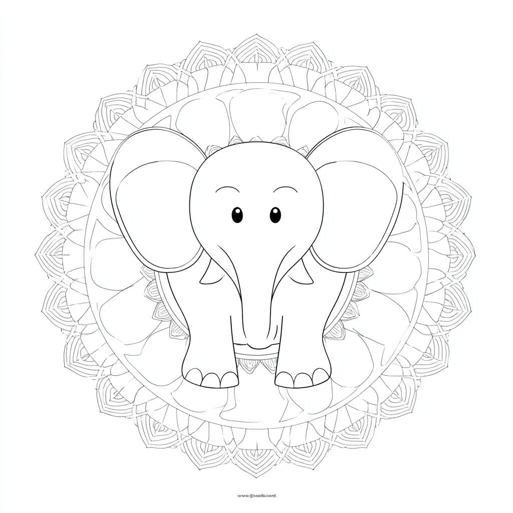 Dibujo de mandala de elefante chibi con capas florales para colorear
