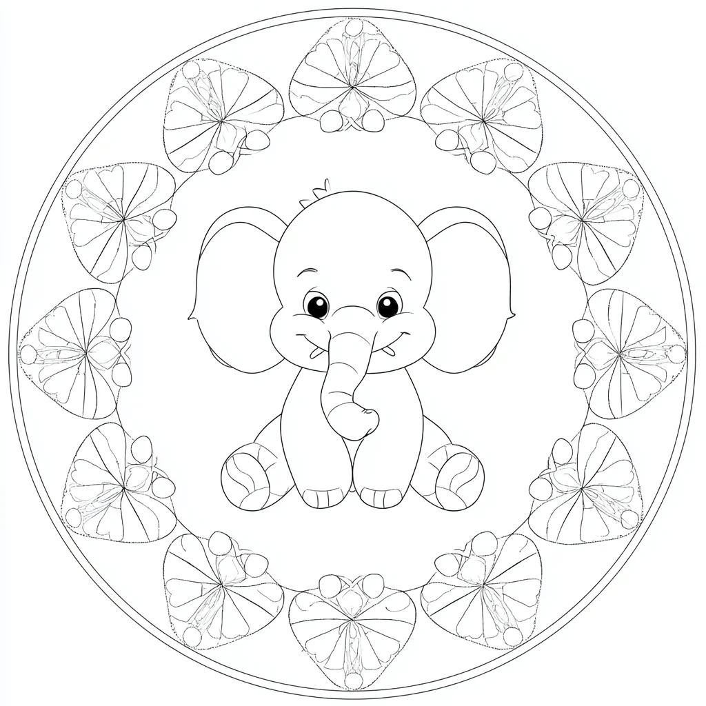 Dibujo de mandala circular decorativo de elefante kawaii para colorear