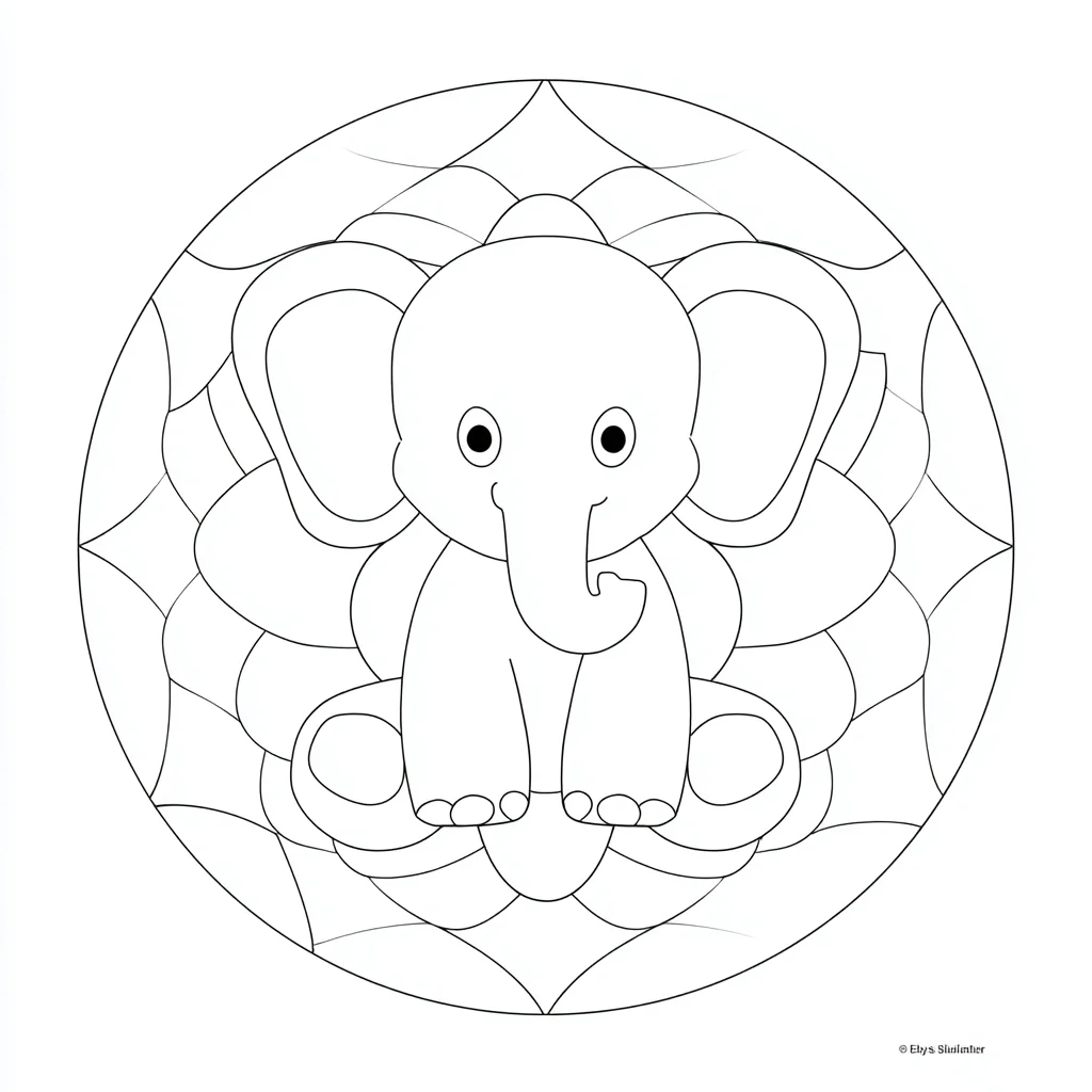 Dibujo de mandala circular de vidriera con elefante chibi para colorear