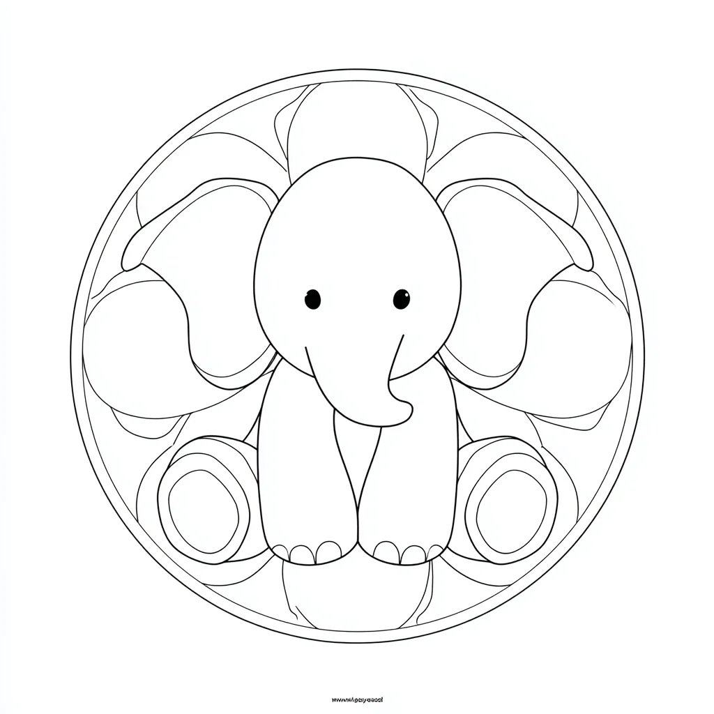 Dibujo de mandala de elefante tierno de formas curvas para colorear