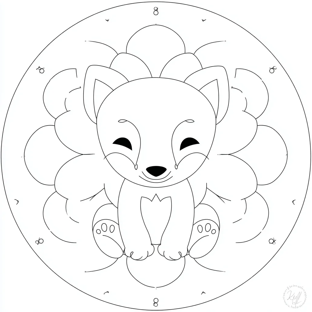 Dibujo de pequeño zorro en flor circular para colorear