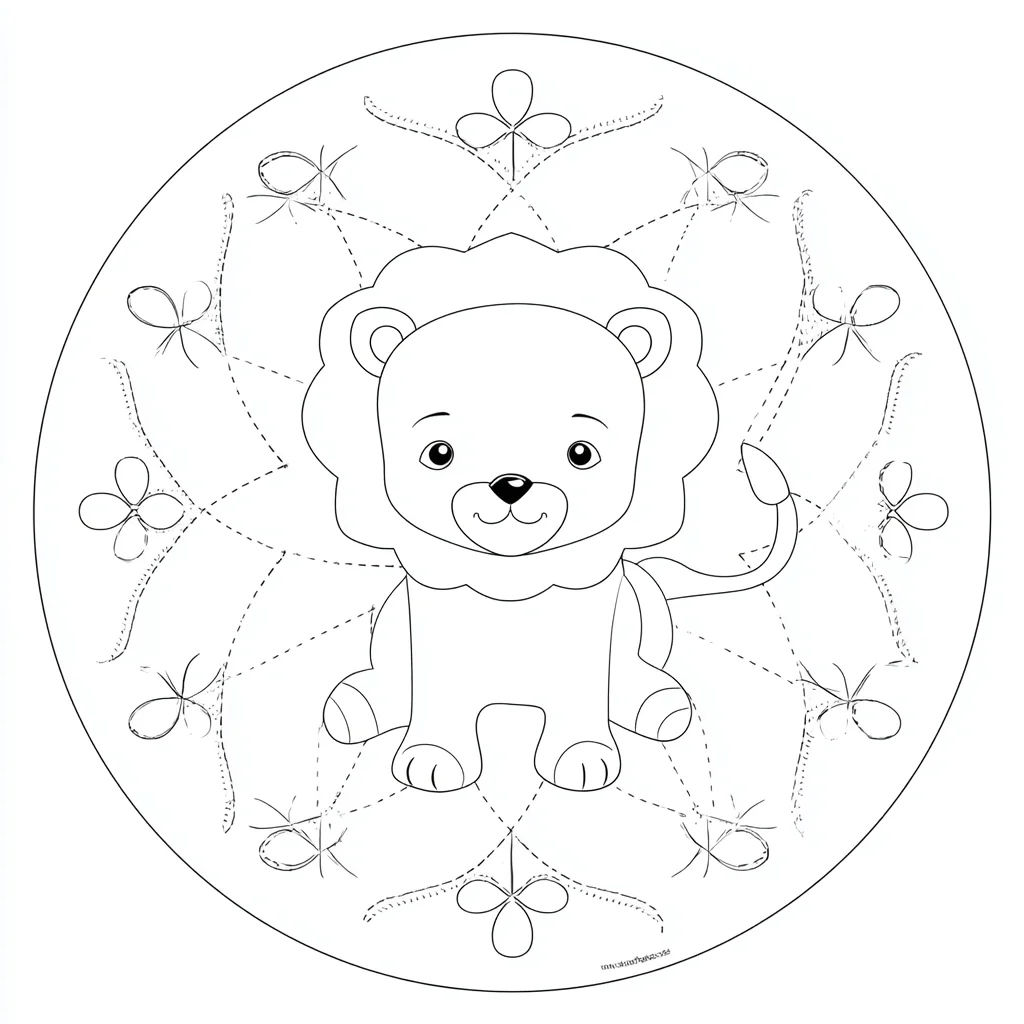Dibujo de mandala de león tierno kawaii para colorear